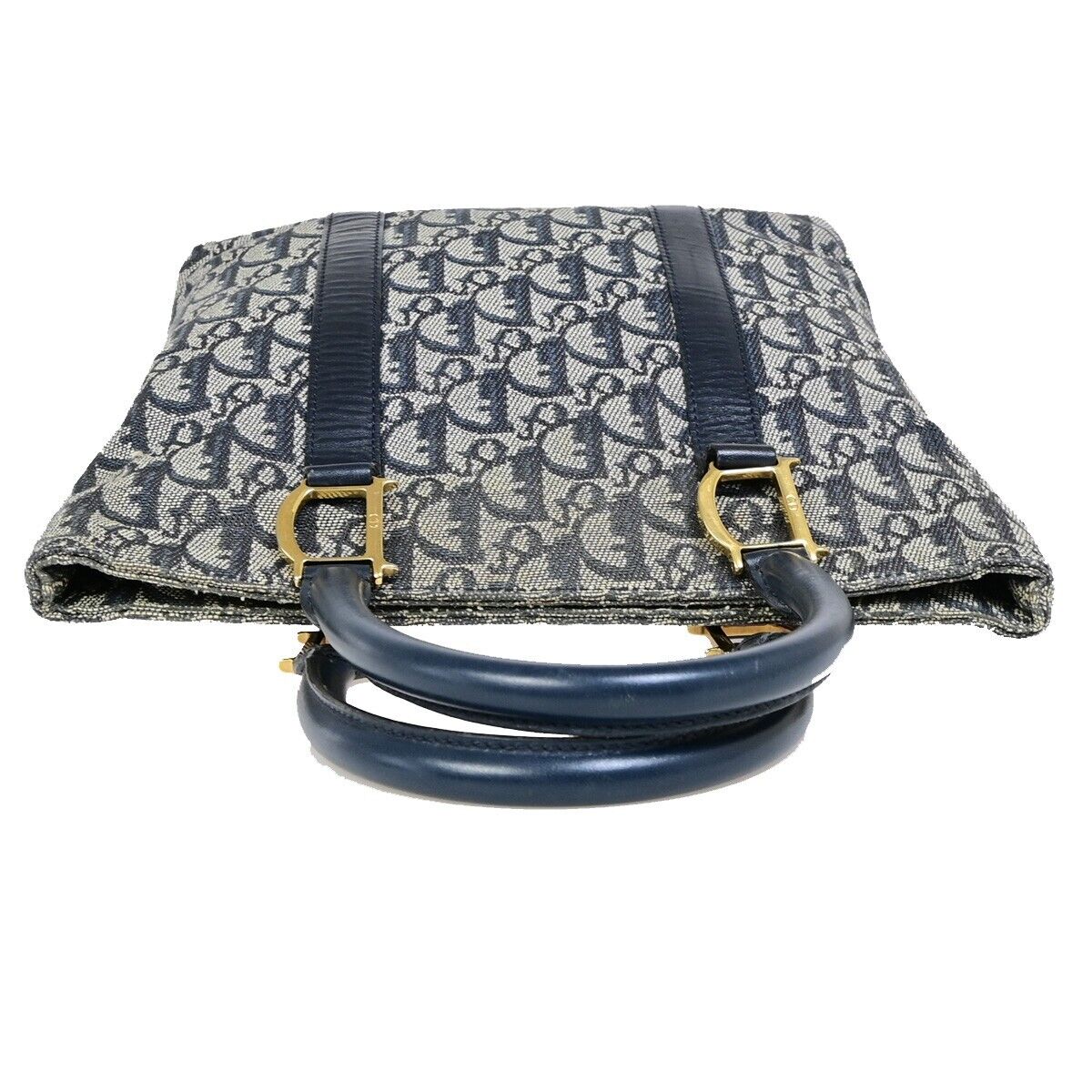 CHRISTIAN DIOR Trotter Pattern Hand Tote Bag Canvas Leather Blue GHW 35EB800