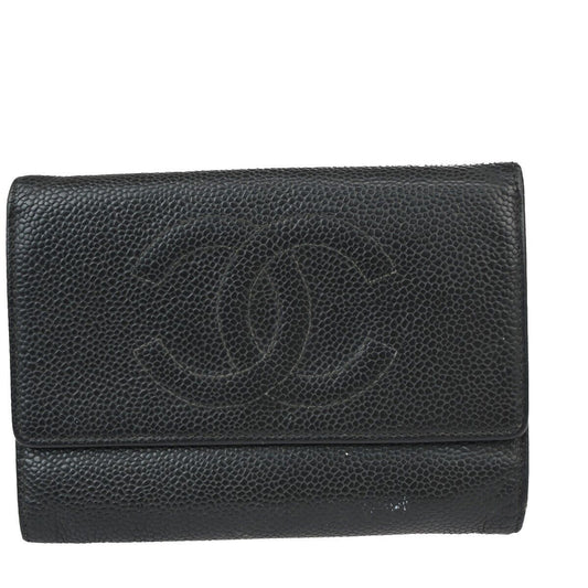 CHANEL CC Logo Trifold Wallet Purse Caviar Skin Leather Black GHW 02EA898