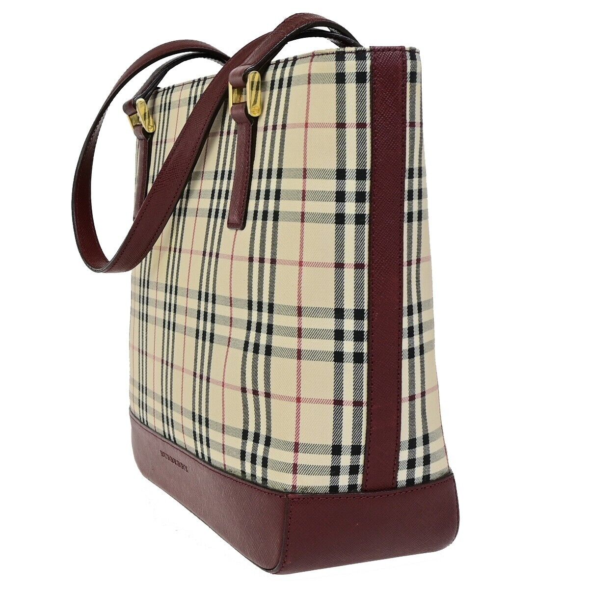 BURBERRY Logo Hand Bag Nova Check Canvas Leather Burgundy GHW 83RK727