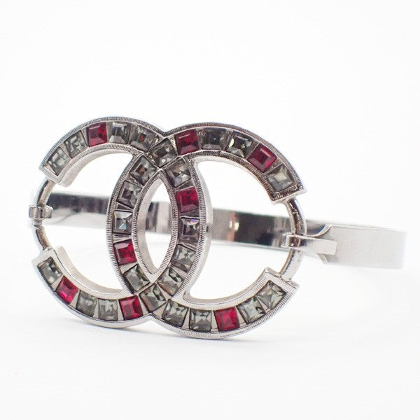 CHANEL CC Logo Rhinestone Bangle Bracelet 05P SHW Vintage Accessory 76RL875