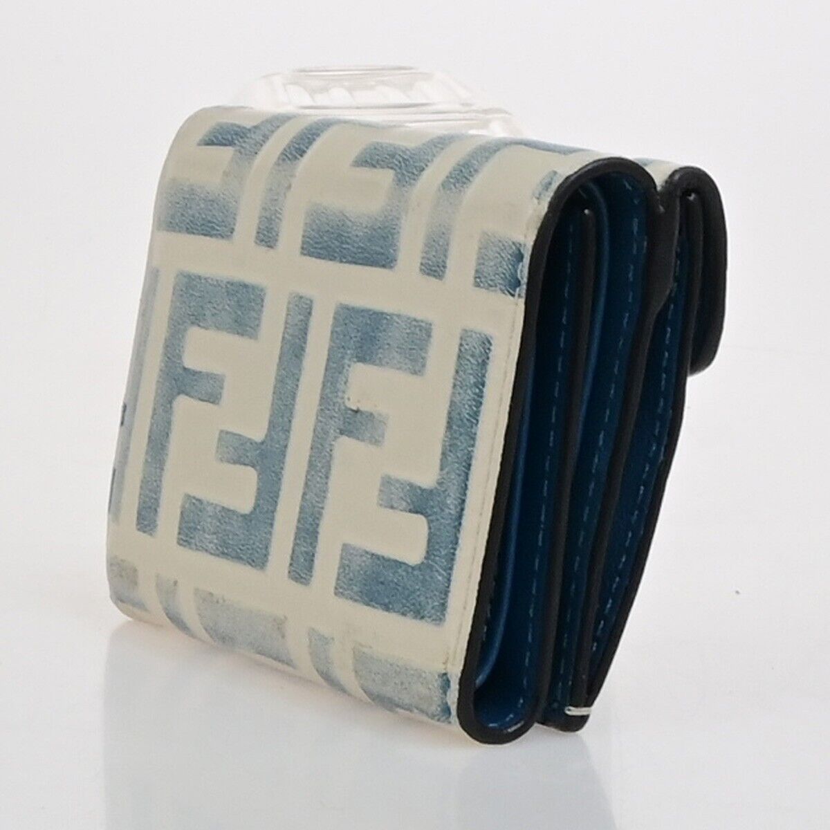 FENDI Zucca Pattern Mini Trifold Compact Wallet Leather Blue White Italy 61KA542