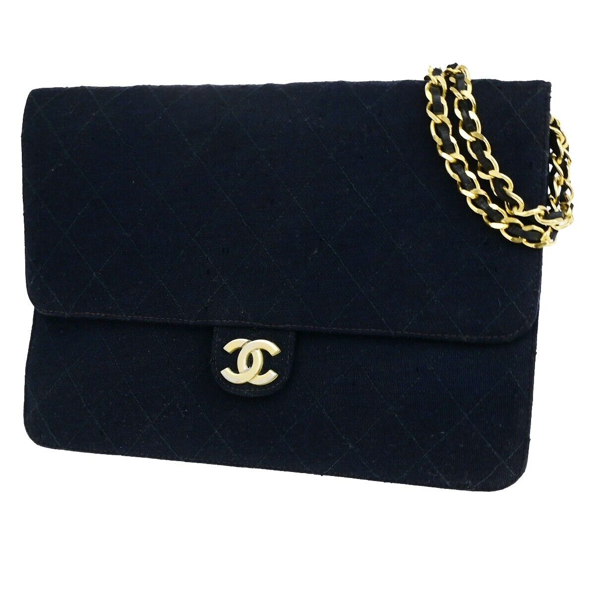CHANEL CC Matelasse 25 Chain Shoulder Bag Canvas Leather Navy Blue GHW 78YF770