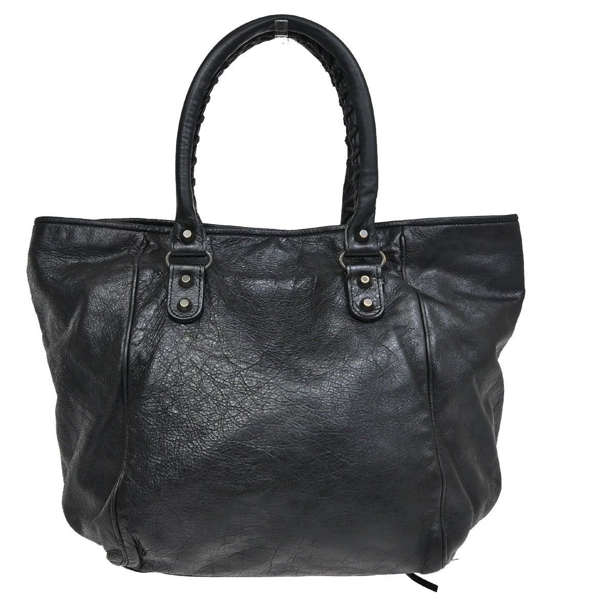 BALENCIAGA Logo The Sunday Shoulder Tote Hand Bag Leather Black Mirror 70YH628