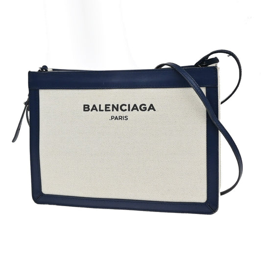 BALENCIAGA Logo 2Way Shoulder Clutch Hand Bag Canvas Leather Beige Blue 85FB718