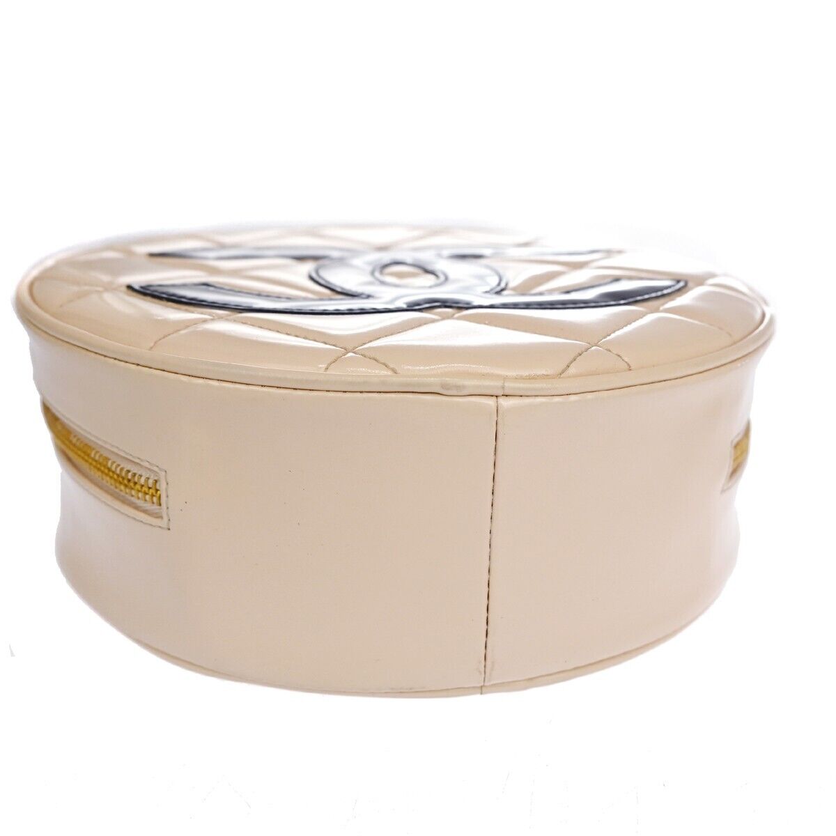 CHANEL CC Matelasse Round Vanity Chain Hand Bag Patent Leather Beige 6600LC414