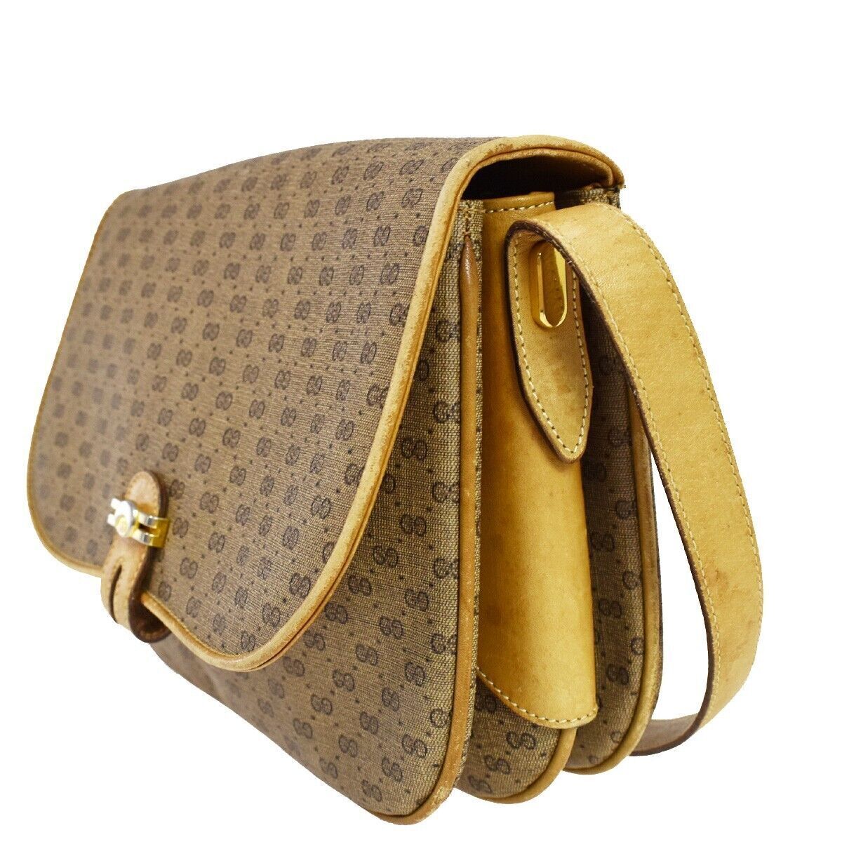 GUCCI Logo GG Pattern Shoulder Bag Leather Brown Gold Made In Italy 68YC146