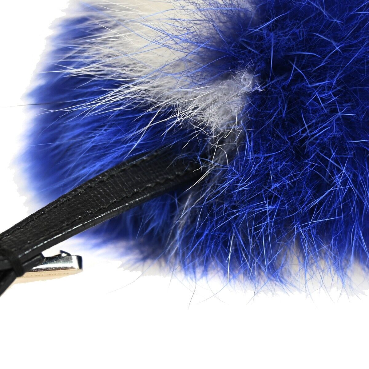 FENDI Logo Pompom Bag Charm Key Chain Fox Fur Leather Bicolor Blue Italy 04GA309