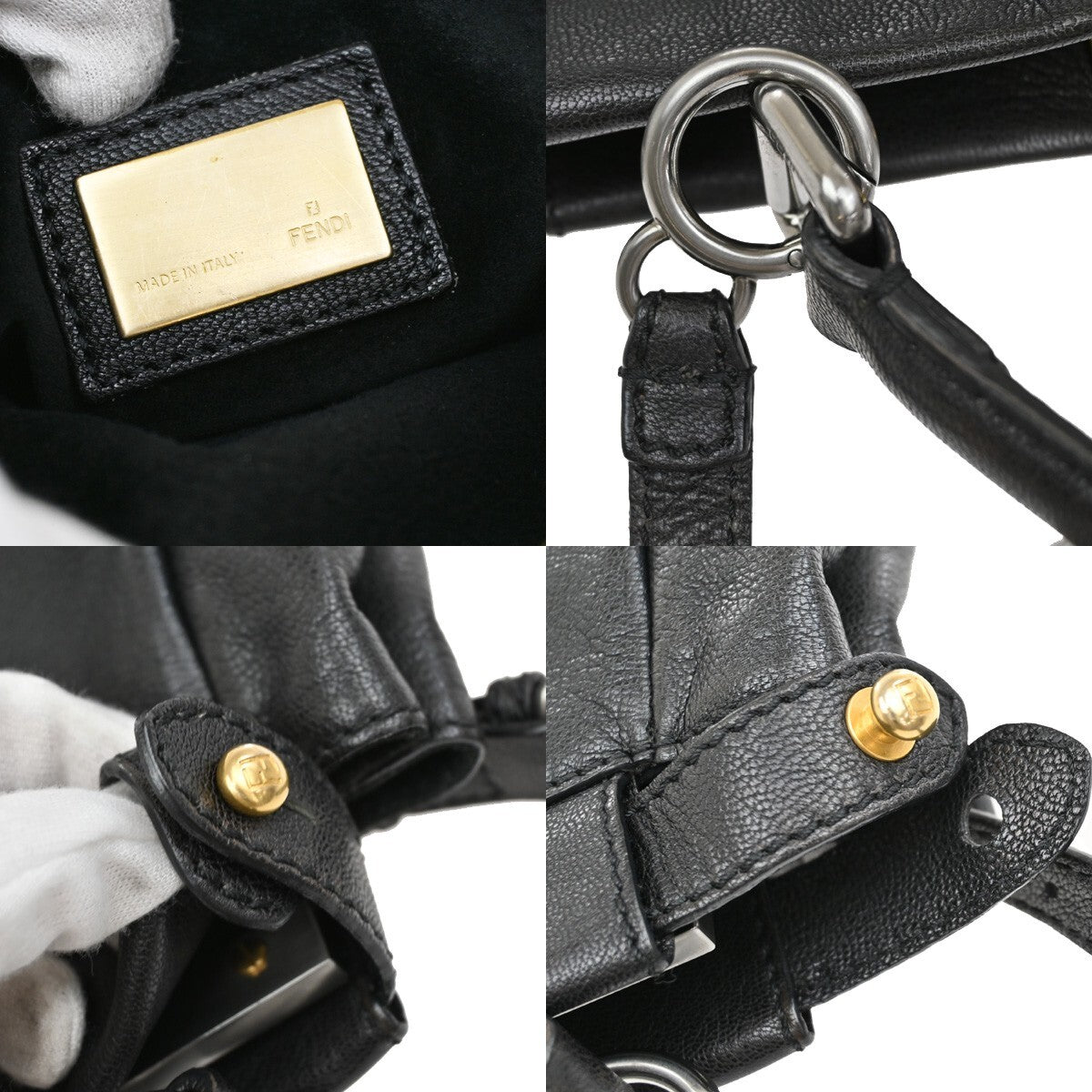 FENDI Logo Peekaboo 2Way Shoulder Hand Bag Leather Black Italy 85EE301