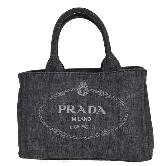 PRADA Milano Logo CANAPA Tote Hand Bag Canvas Leather Black Gold Italy 73EA340