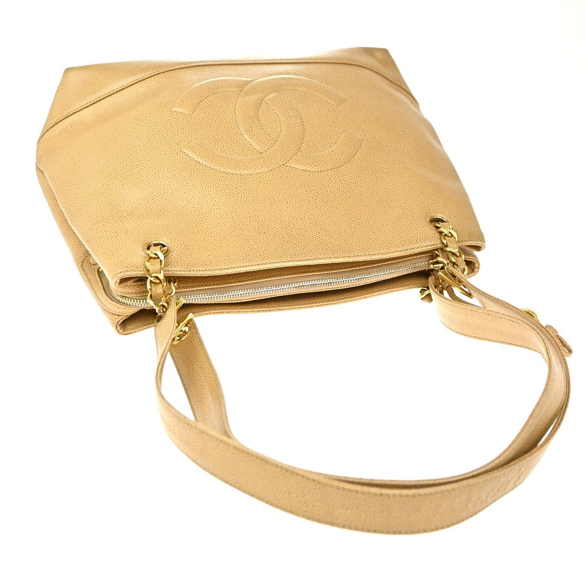 CHANEL CC Logo Chain Shoulder Bag Grained Calfskin Leather Beige Italy 680RP055