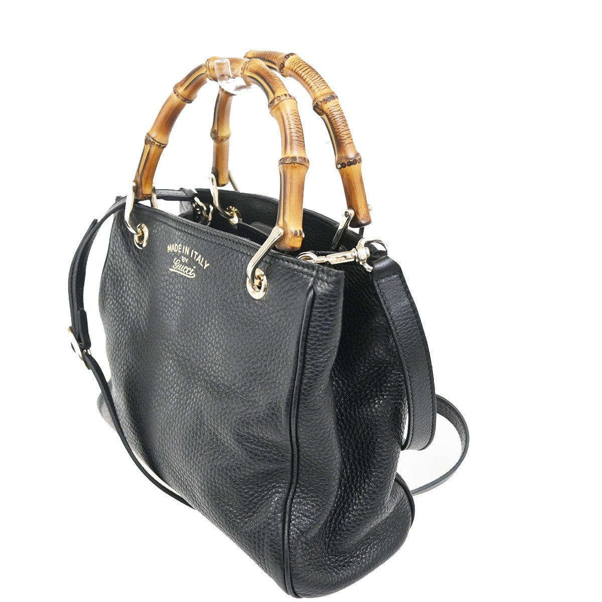 3.Live GUCCI Bamboo Shopper Tote 2Way Shoulder Handbag Leather Black 18CA418