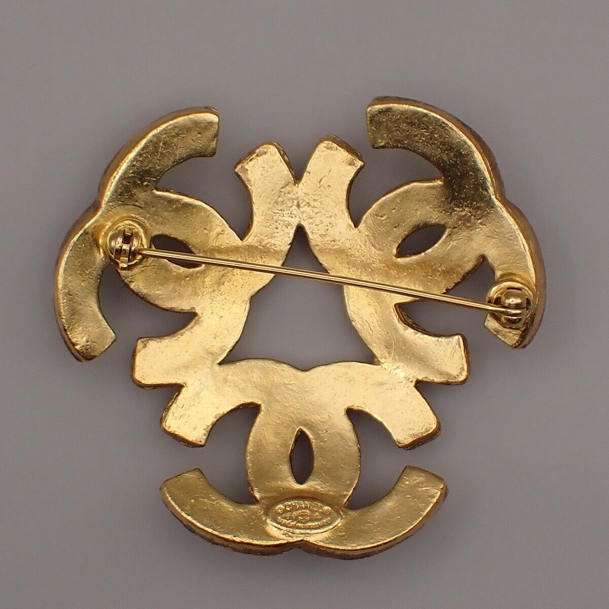CHANEL Triple CC Logo Pin Brooch 94A Gold France Vintage Accessory 20RJ798