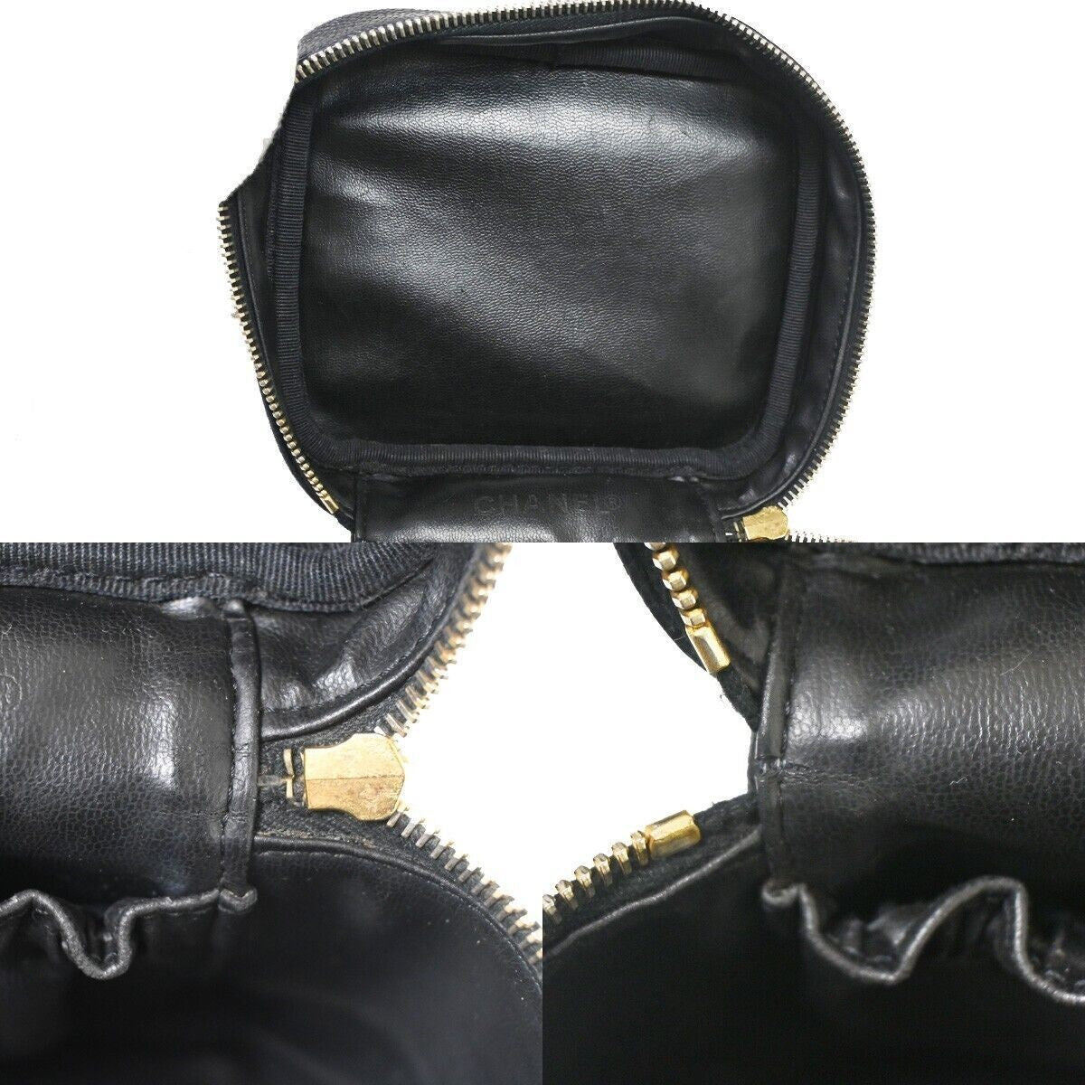 CHANEL CC Logo Cosmetic Vanity Hand Bag Grained Calfskin Leather Black 614RH061