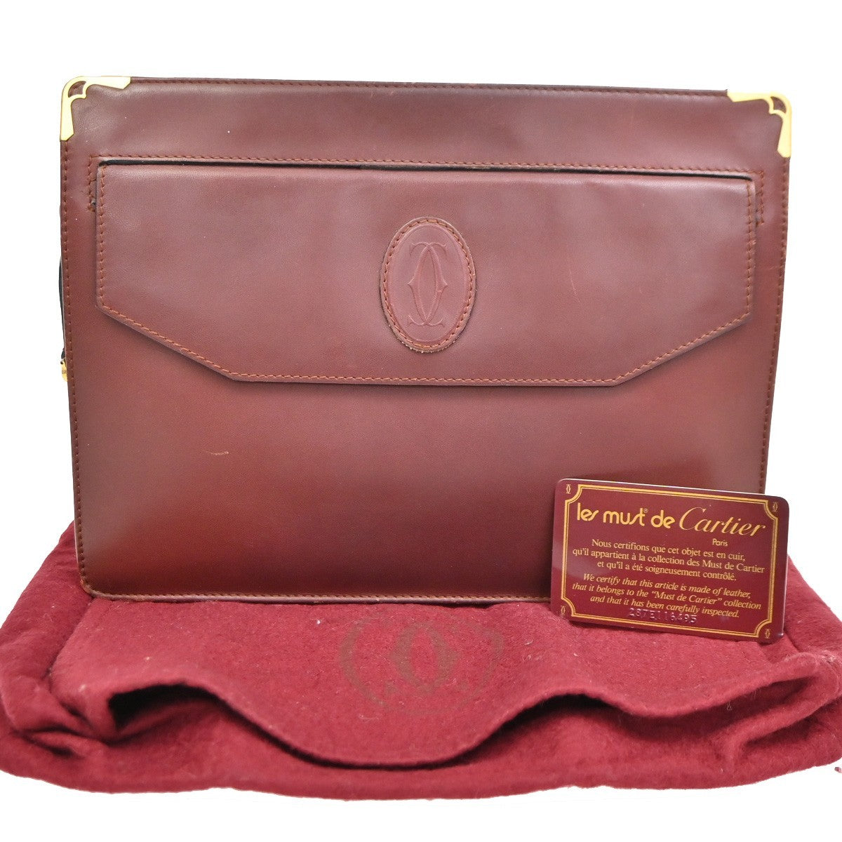 MUST DE CARTIER 2C Logo Wallet Clutch Hand Bag Leather Red Gold 08TA272