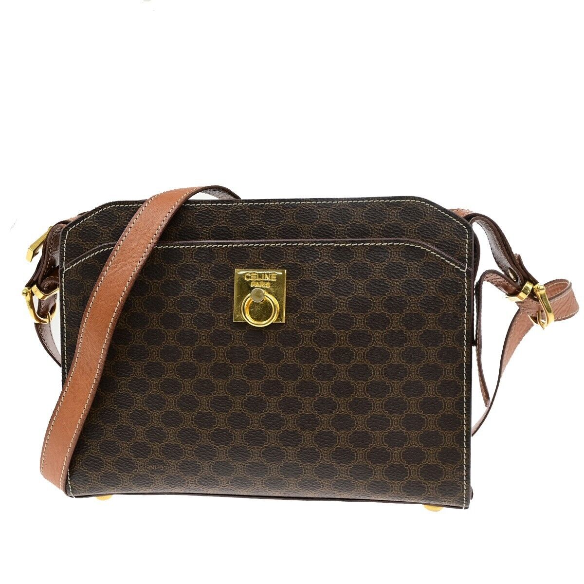 CELINE Logo Macadam Pattern Shoulder Bag PVC Leather Brown GHW Italy 62ED450