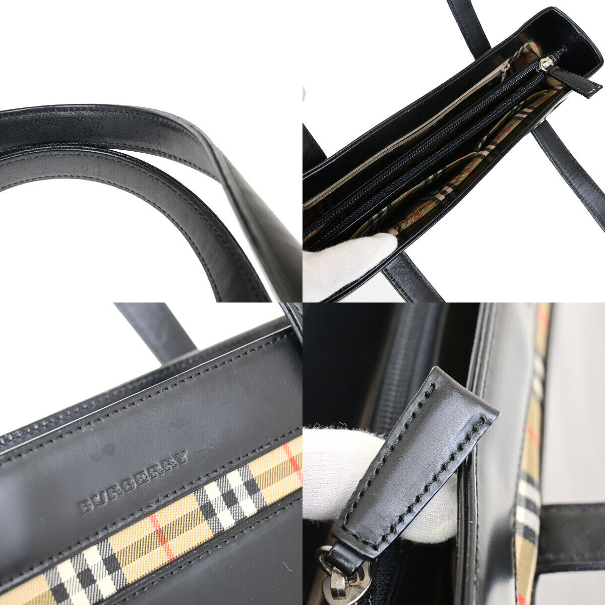 BURBERRY Logo Hand Tote Bag Nova Check Leather Black SHW 62SJ434