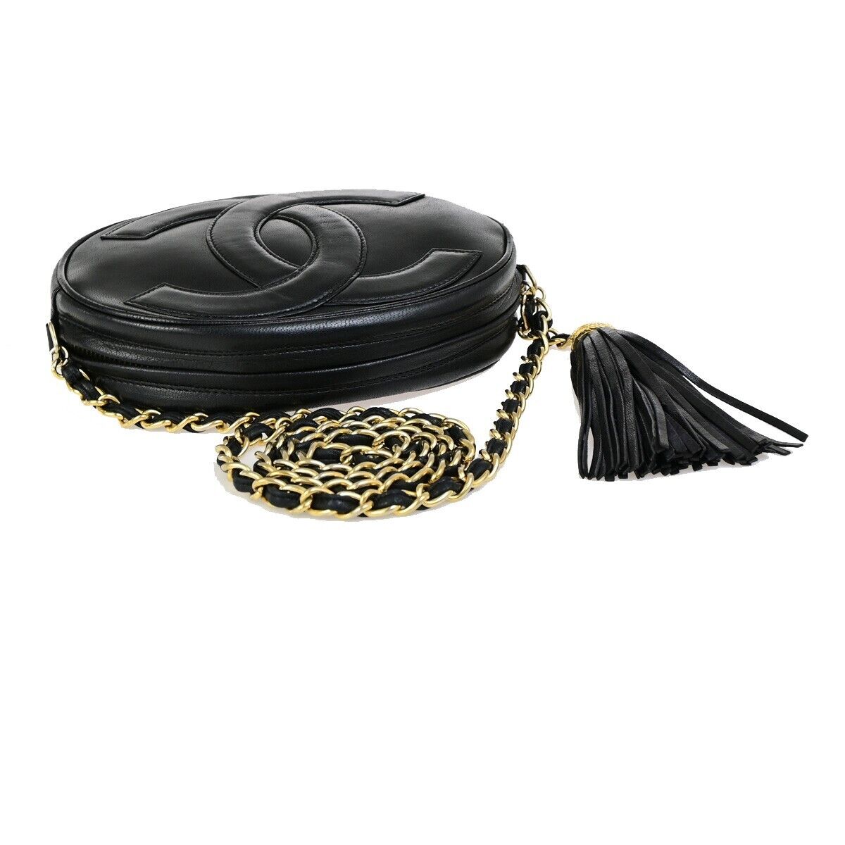 CHANEL CC Logo Tassel Chain Mini Shoulder Bag Leather Black GHW Vintage 395RK720