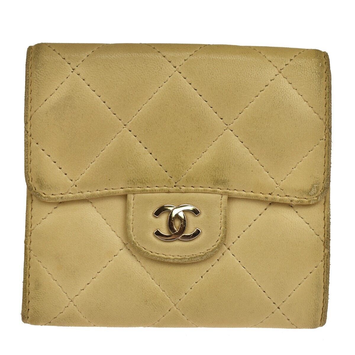 CHANEL CC Logo Matelasse Trifold Wallet Purse Leather Beige SHW France 05GA189