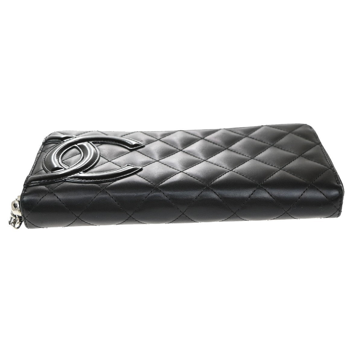 CHANEL CC Cambon Long Zipper Bifold Wallet Patent Leather Black SHW 13RF962
