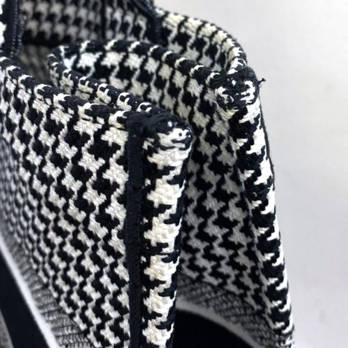CHRISTIAN DIOR Book Tote Medium Hand Bag Houndstooth Canvas Leather BK 307LC341