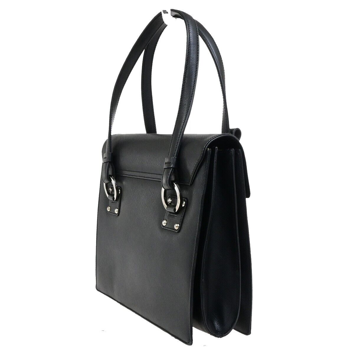 SALVATORE FERRAGAMO Gancini Hand Bag Leather Black Silver Made in Italy 62KA537