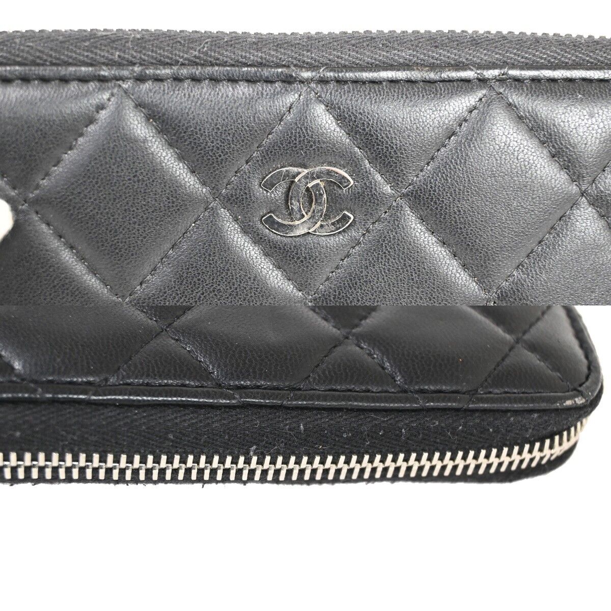 CHANEL CC Logo Zip Around Wallet Purse Matelasse Leather Black Silver 16HB878