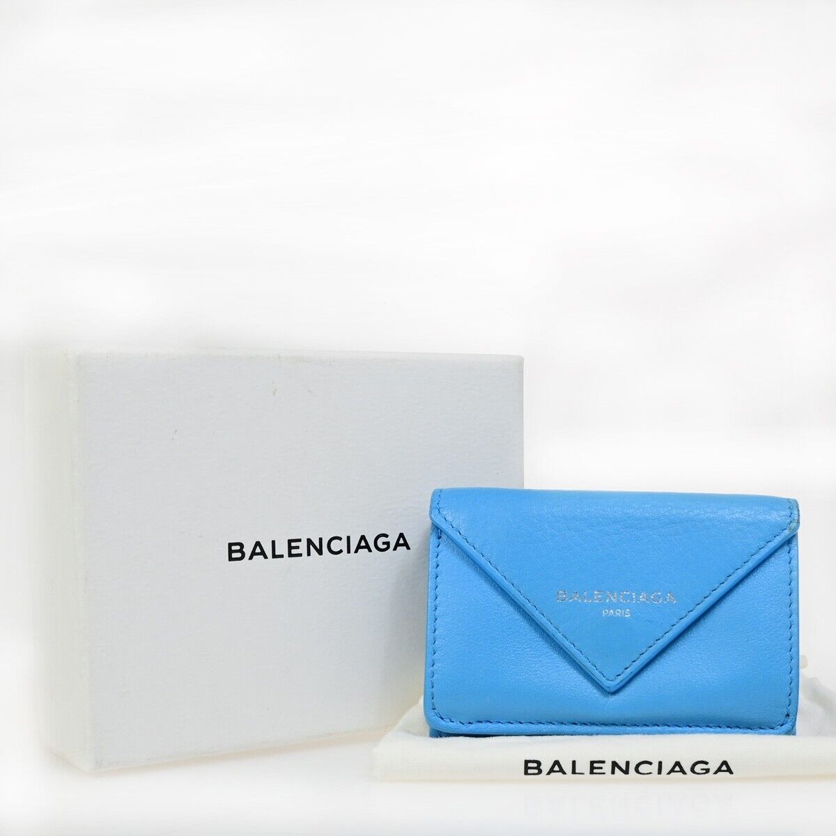 BALENCIAGA Logo Paper Mini Trifold Wallet Purse Leather Blue SHW Italy 68EB974