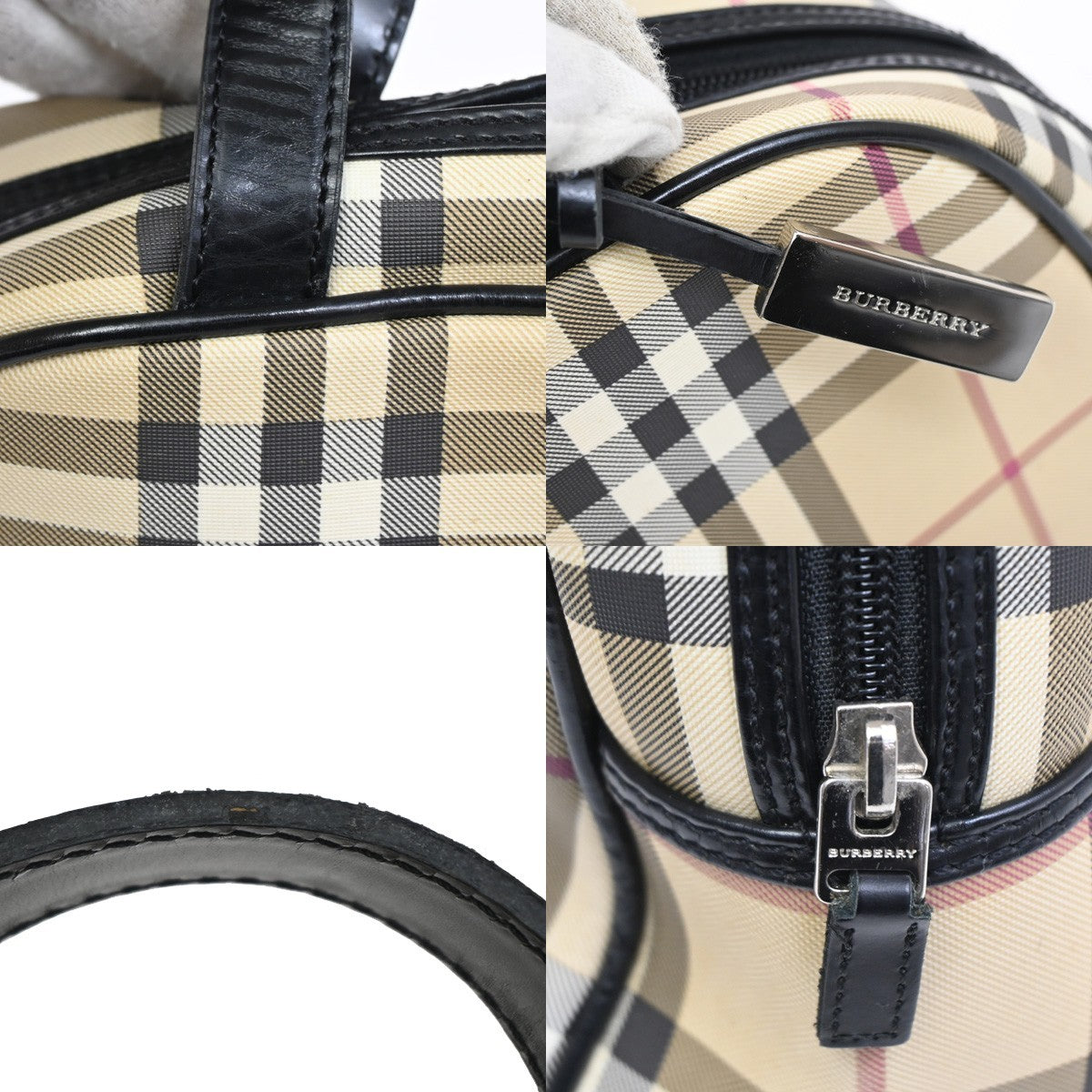 BURBERRY Logo Nova Check Hand Bag Canvas Leather Brown Black  Silver 31TA165