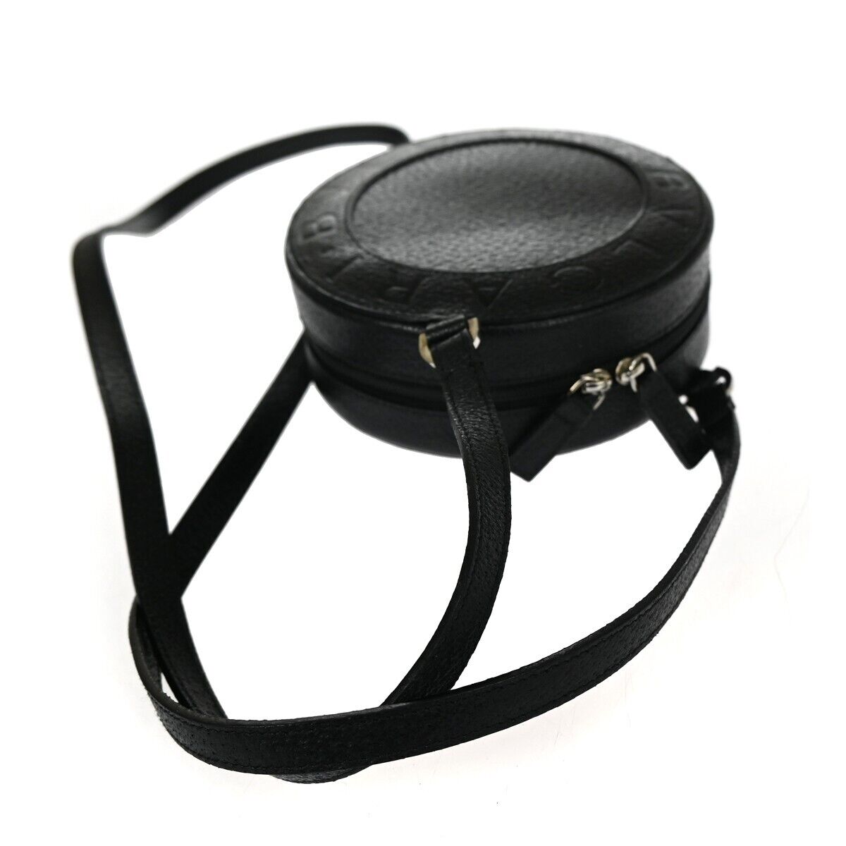BVLGARI Logo Yoyo Round Crossbody Shoulder Bag Leather Black SHW Italy 80GA870