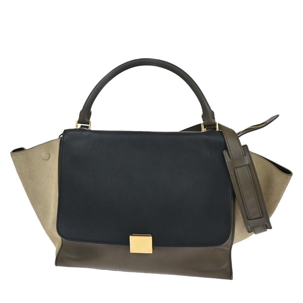 CELINE Trapeze Tricolor 2way Shoulder Hand Bag Leather Suede Khaki Beige 70KB559