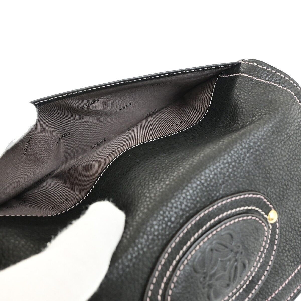 LOEWE Logo Anagram Stitch Bifold Long Wallet Purse Leather Black GHW 67SJ481