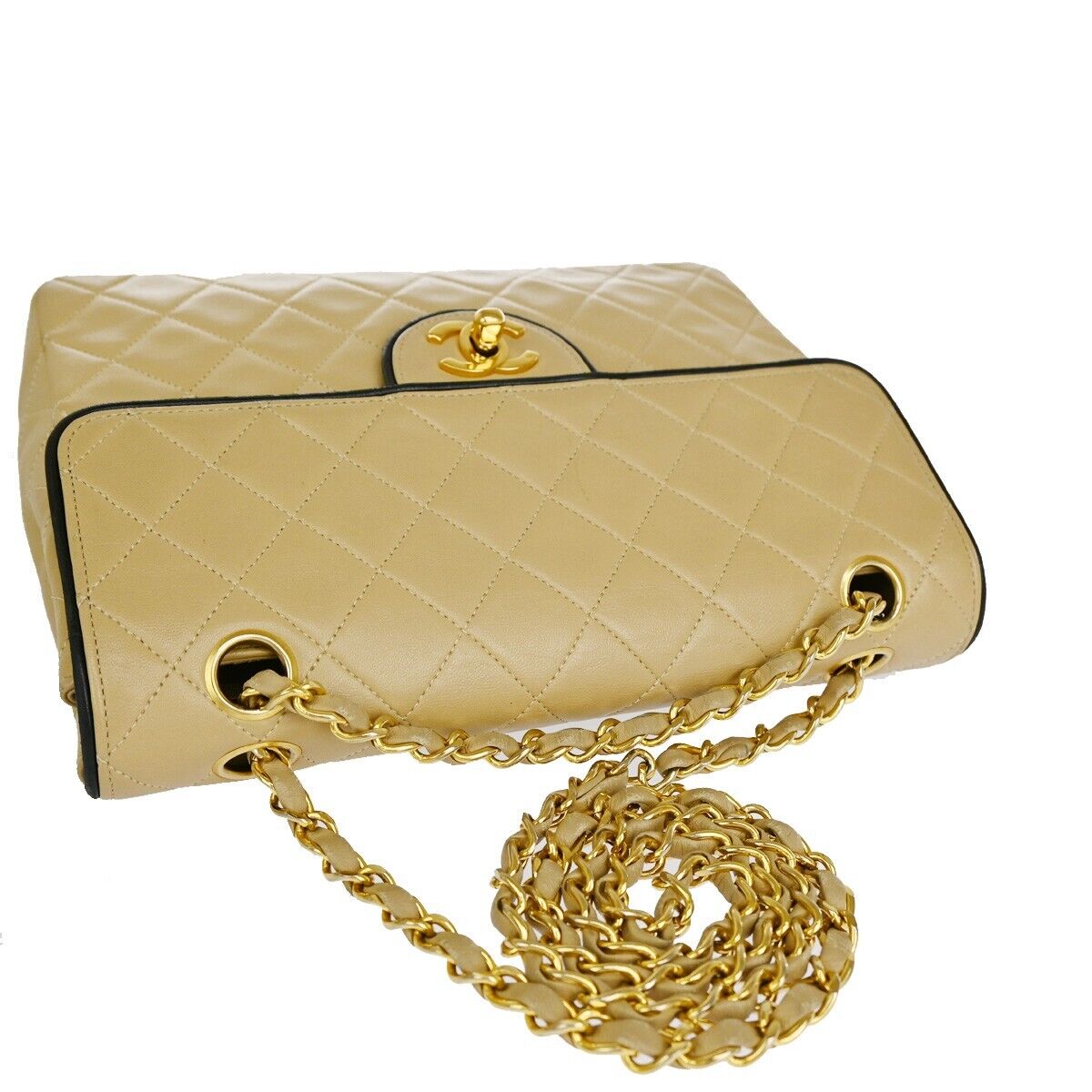 CHANEL CC Matelasse Chain Shoulder Bag Leather Beige Black GHW Vintage 318RJ663