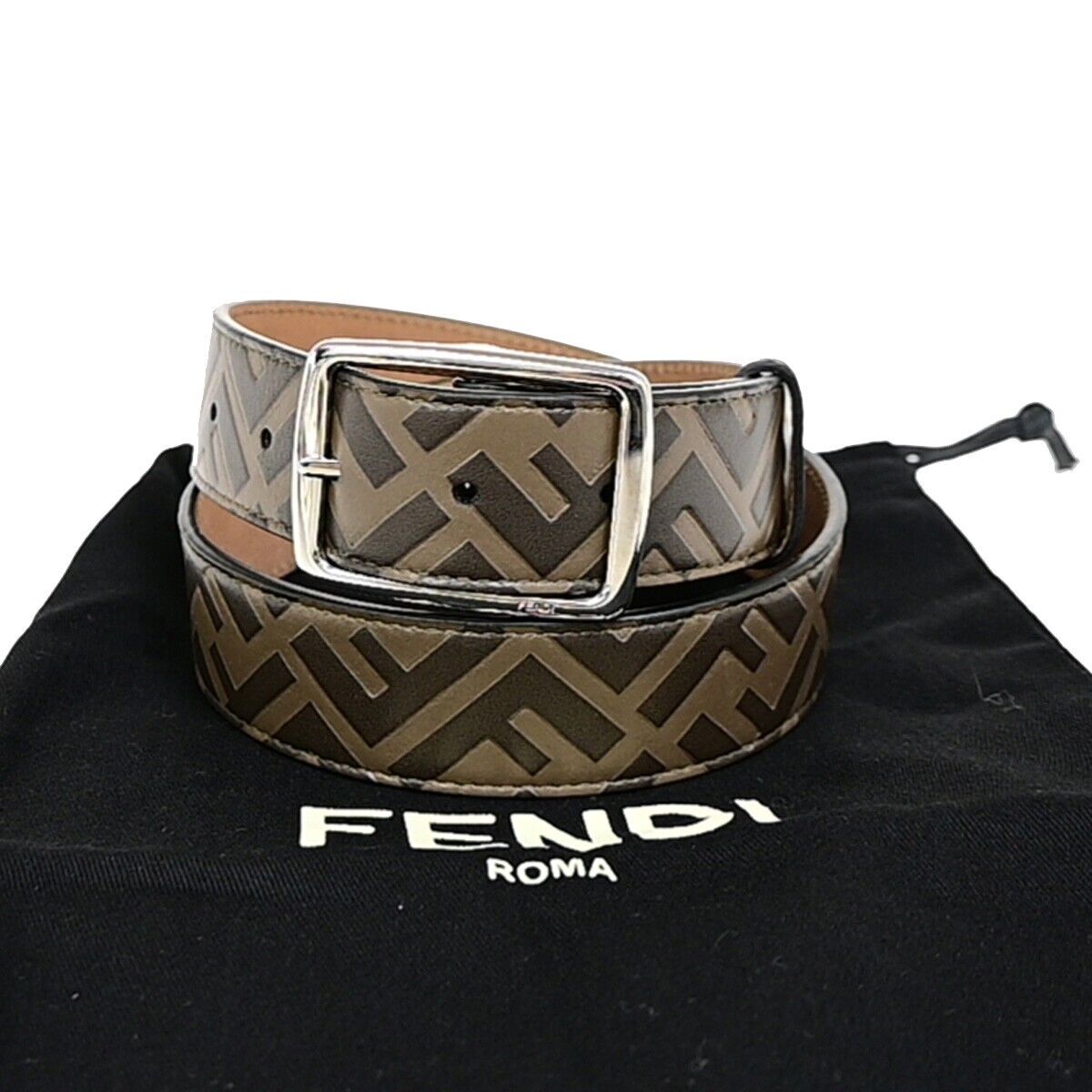 FENDI Logo Zucca Pattern Belt Buckle Leather #80/32 Black Brown SHW 37YF076