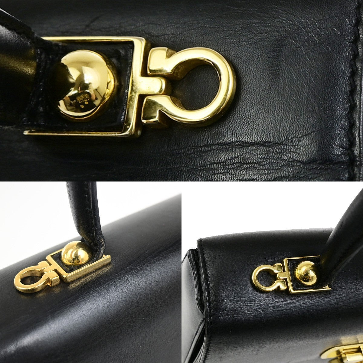SALVATORE FERRAGAMO Logo Gancini Hand Bag Leather Black GHW Italy 38KD151