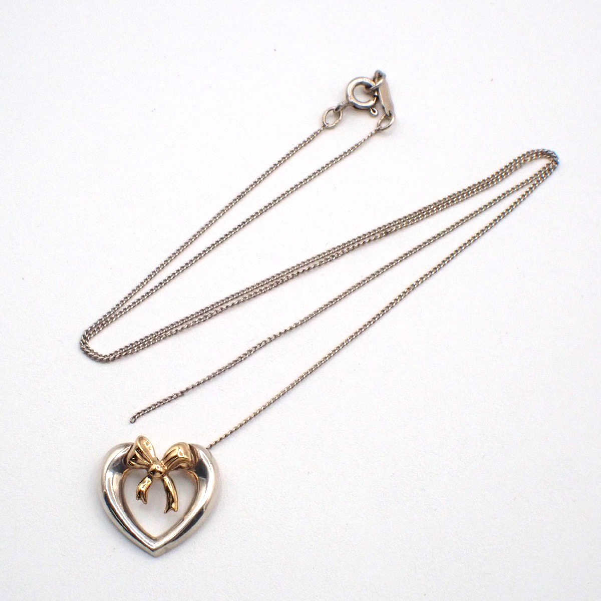 TIFFANY & CO. Logo Ribbon Heart 16mm Chain Necklace AG925 Gold 750 63KC886