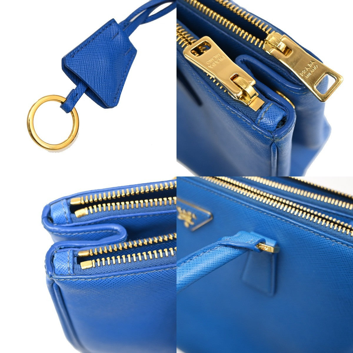 PRADA MILANO Logo Double Zip Tote Bag Saffiano Leather Blue GHW Italy 12CA241
