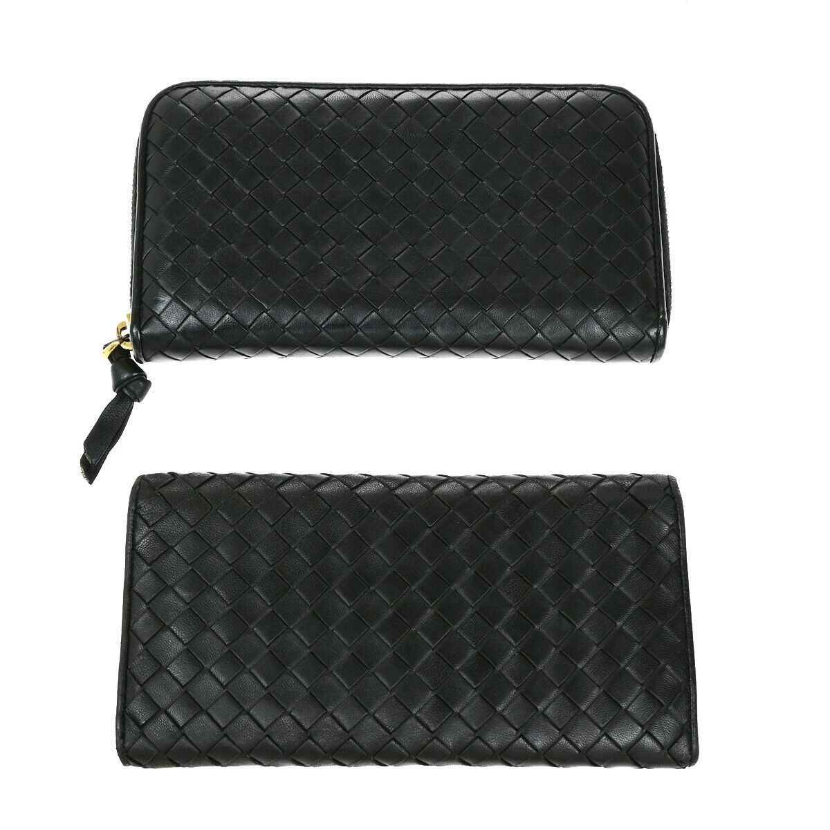 BOTTEGA VENETA Logo Intrecciato 2 Set Long Zipper Wallet Leather Black 67ED998