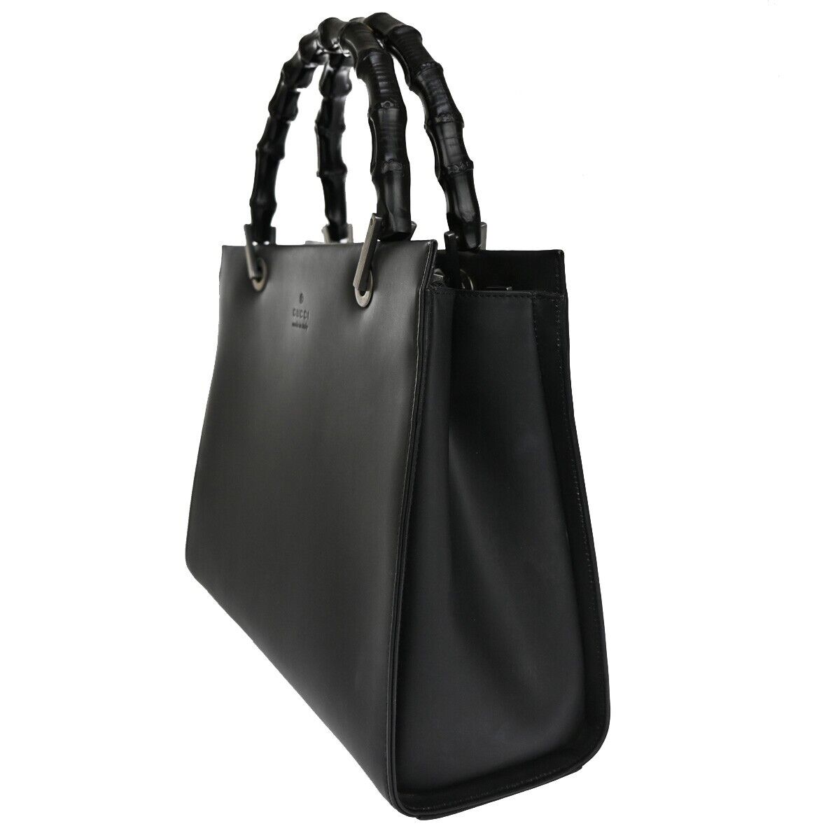GUCCI Logo Bamboo Hand Bag Leather Black Silver-Plated Made In Italy 67EA504