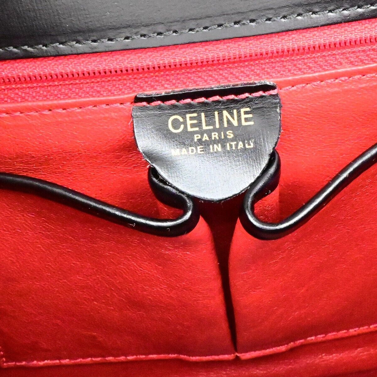 CELINE Logo Top Handle Hand Bag Leather Black Gold Made in Italy 80ED937