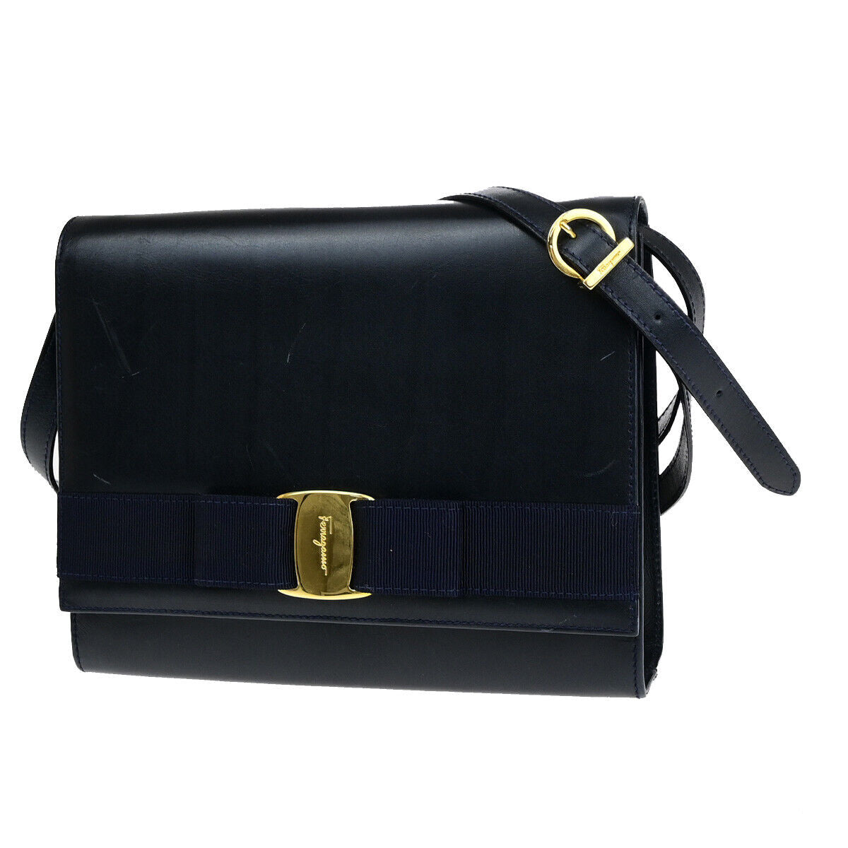 SALVATORE FERRAGAMO Logo Vara Shoulder Bag Leather Navy Blue GHW Italy 68YG010