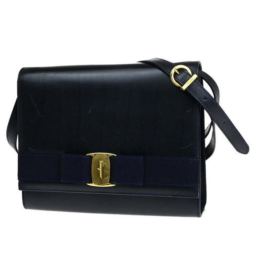SALVATORE FERRAGAMO Logo Vara Shoulder Bag Leather Navy Blue GHW Italy 68YG010