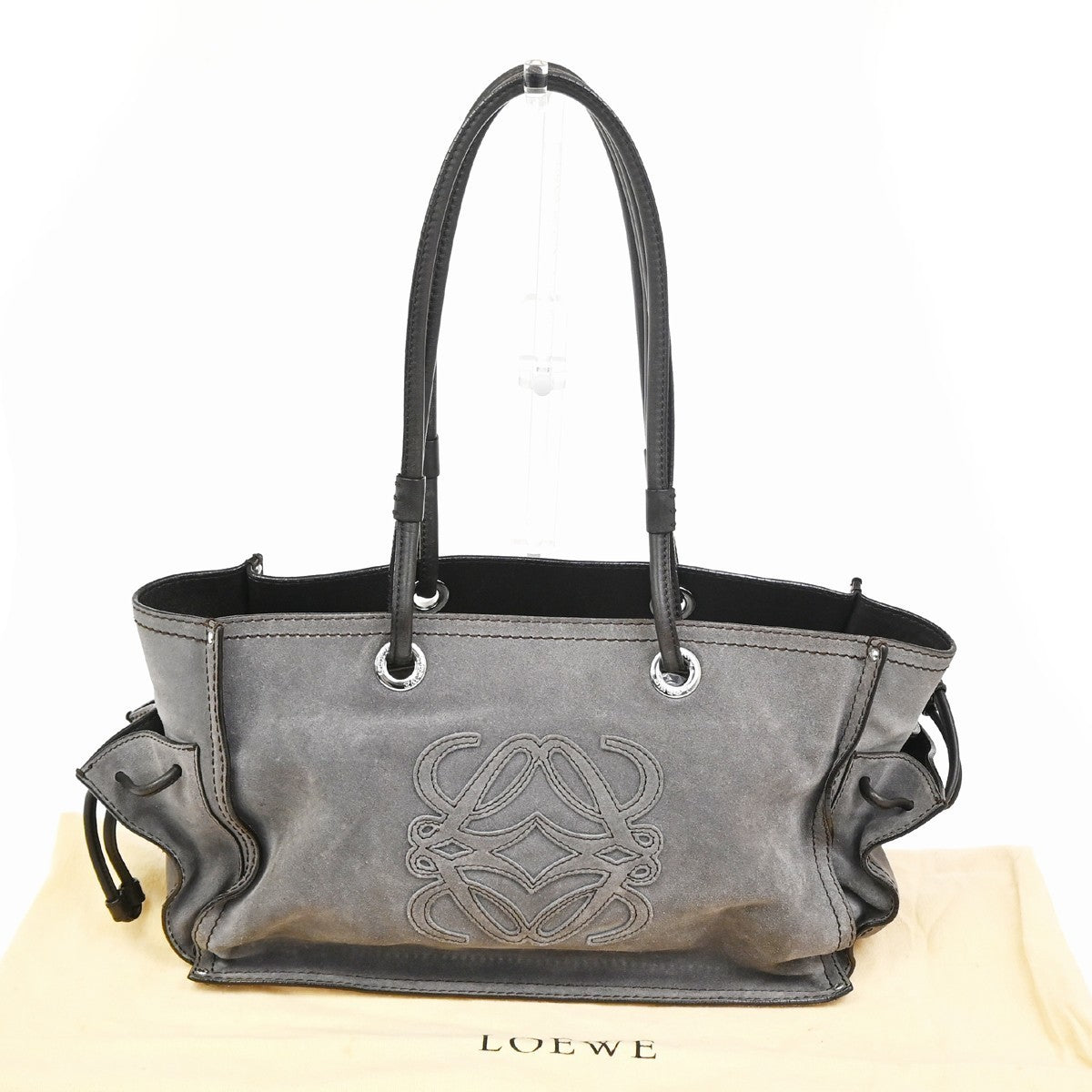 LOEWE Anagram Logo Tote Shoulder Bag Suede Leather Gray Brown SHW 10TA571
