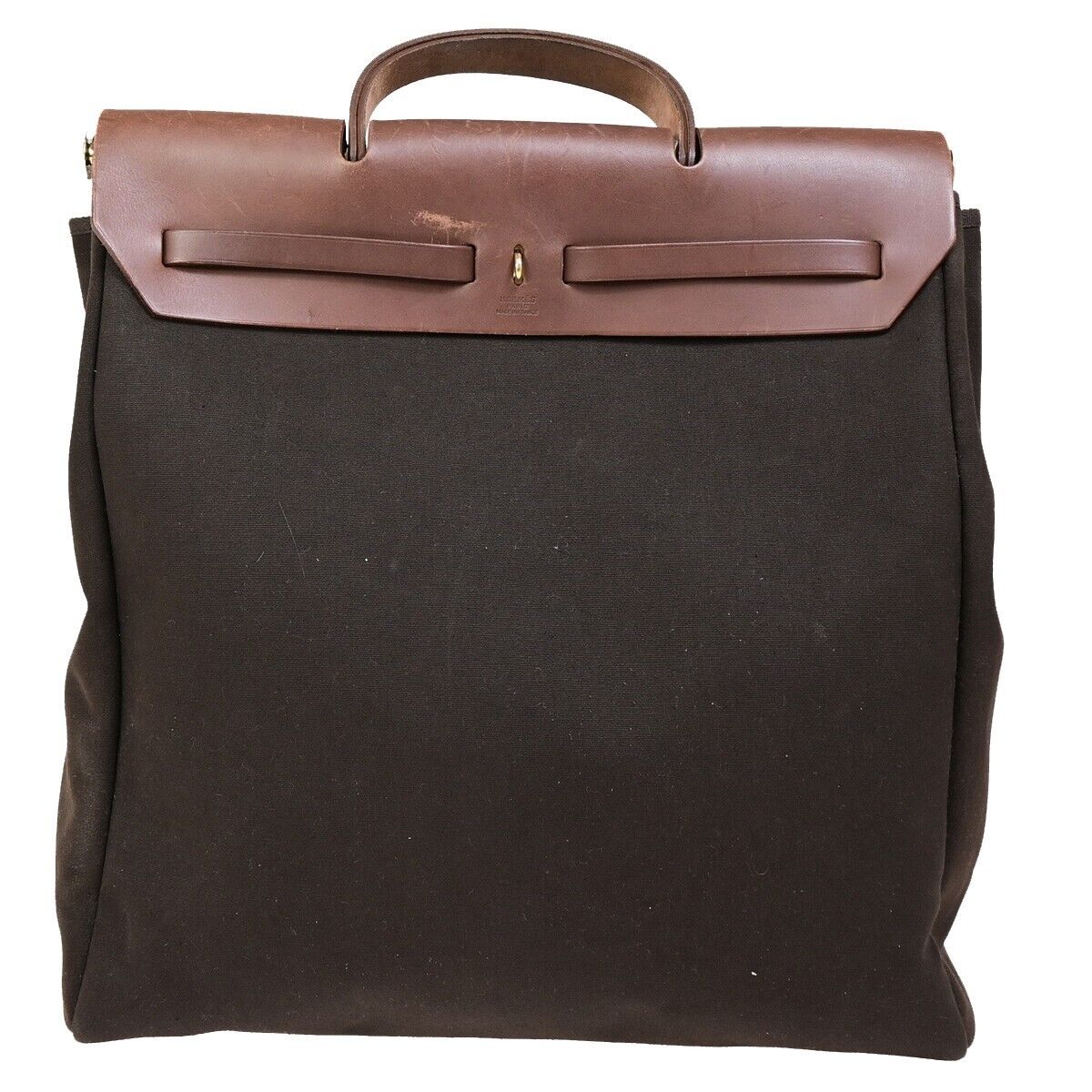 HERMES Logo Her Bag MM 2 In 1 Hand Tote Bag Toile Officier Leather Brown 29EB177