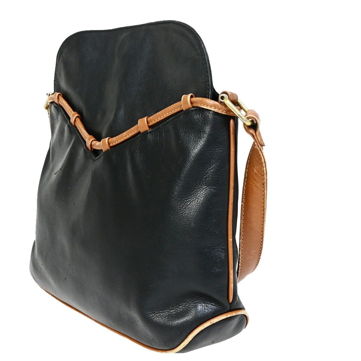 CELINE PARIS Logo Shoulder Bag Leather Black Brown Gold Italy 01EB542