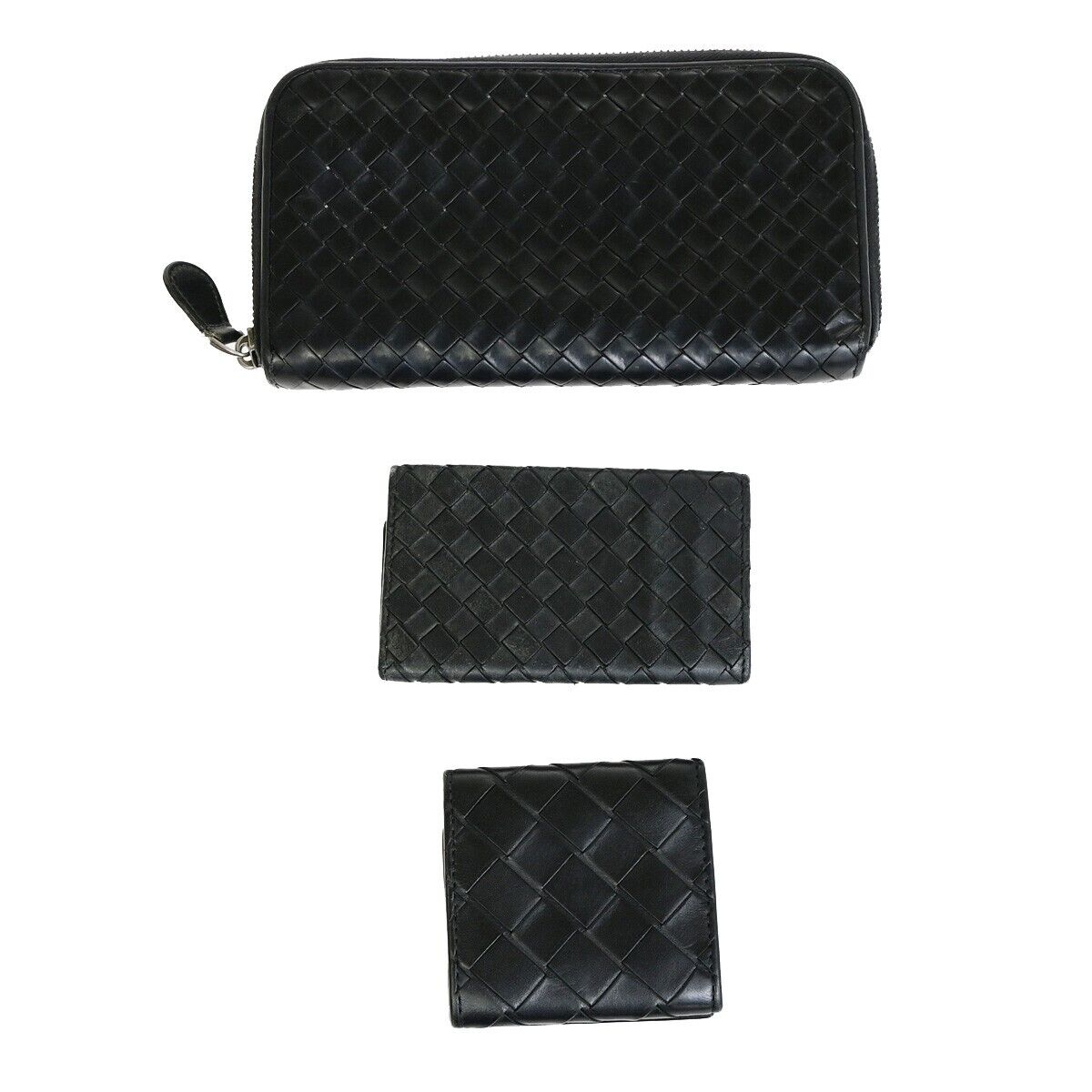 BOTTEGA VENETA Logo Intrecciato 3 Set Long Zipper Wallet Leather Black 33EE057