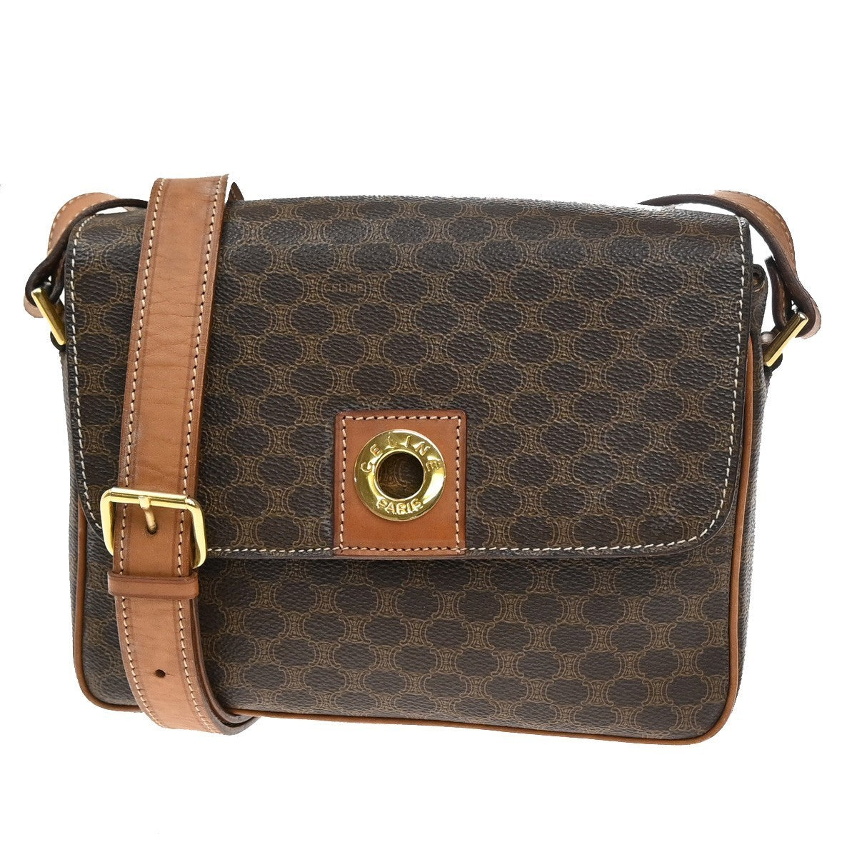 CELINE Logo Macadam Pattern Shoulder Bag PVC Leather Brown GHW Italy 38MA206