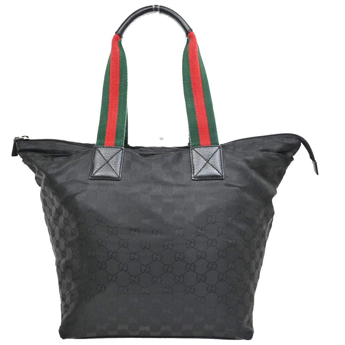 GUCCI Logo GG Sherry Tote Hand Bag Nylon Leather  Black SHW Italy 64CA244