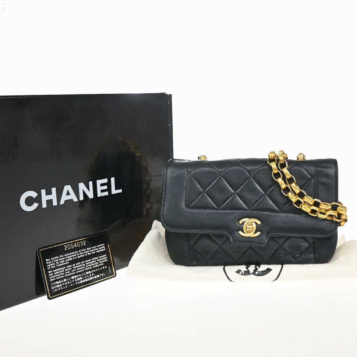 CHANEL Mini Diana Matelasse Chain Shoulder Bag Leather Black Vintage 359RP169