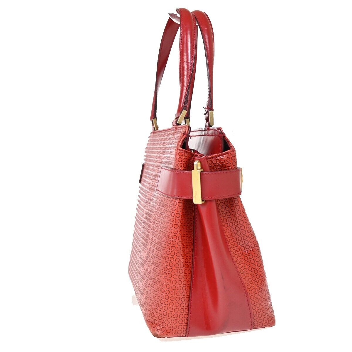 SALVATORE FERRAGAMO Logo Gancini Hand Bag Leather Red Gold Italy  66SH719
