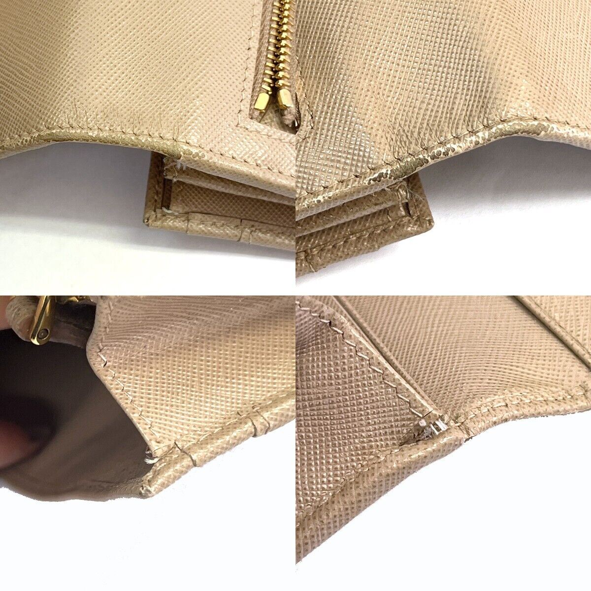 PRADA Logo Saffiano Long Bifold Wallet Purse Leather Beige Gold Italy 05SH556